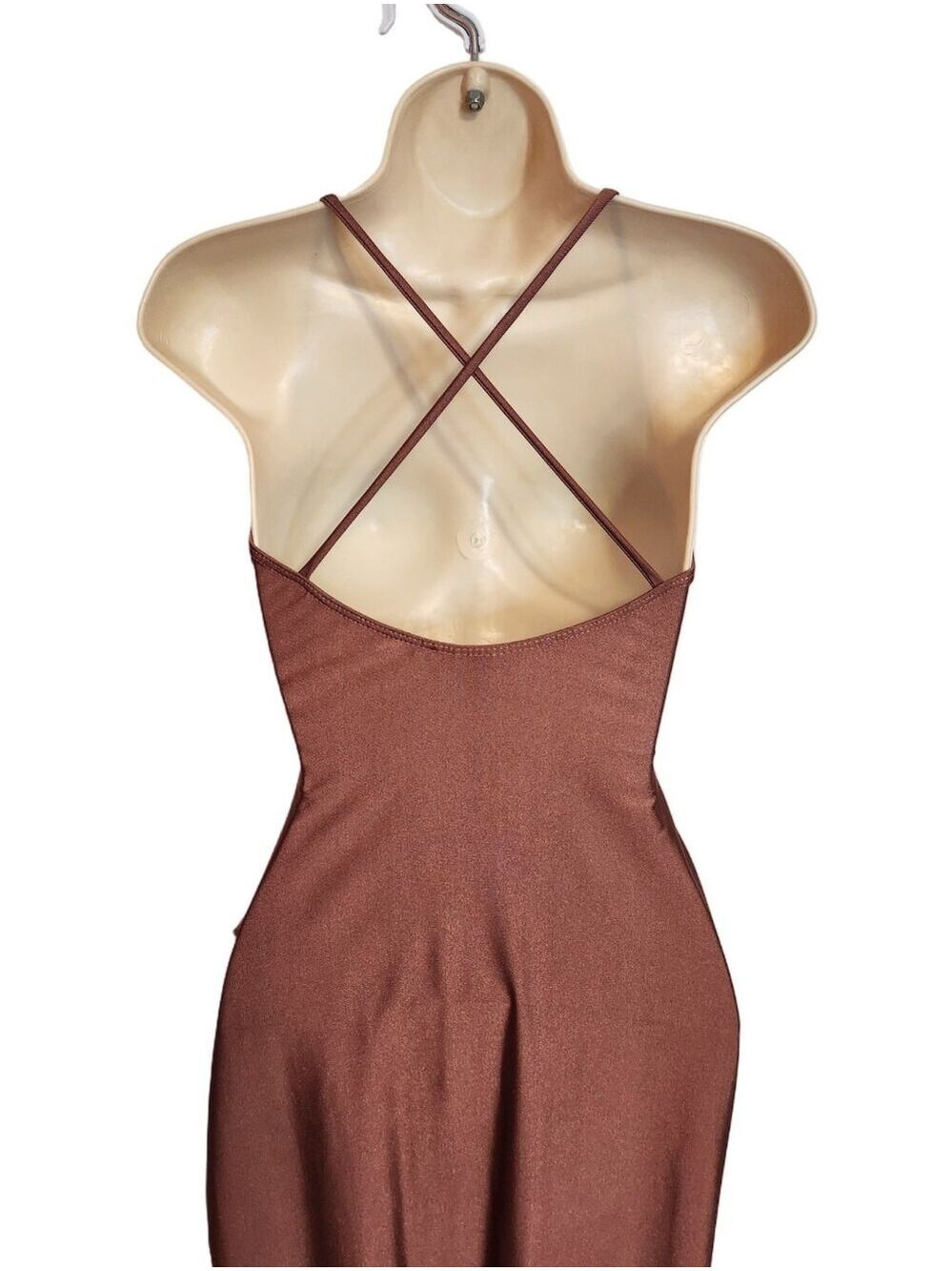 Windsor Satin Spaghetti Strap Asymmetrical Split Party Midi Dress Brown X-Small - Picture 7 of 10